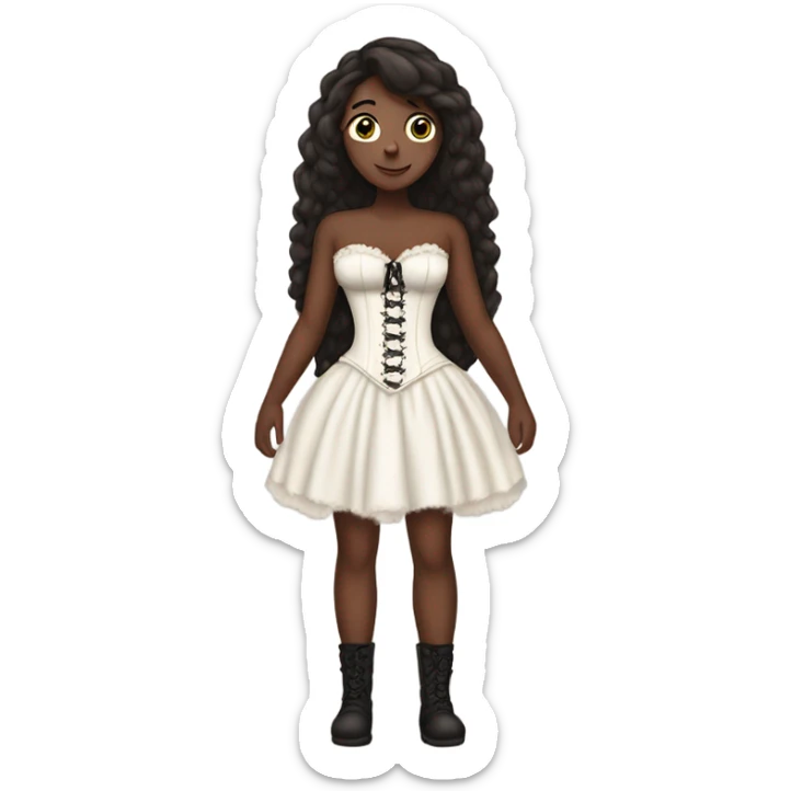 a white girl with straight and loose  dark brown hair standing with her back tied an old corset on a fluffy dress sticker