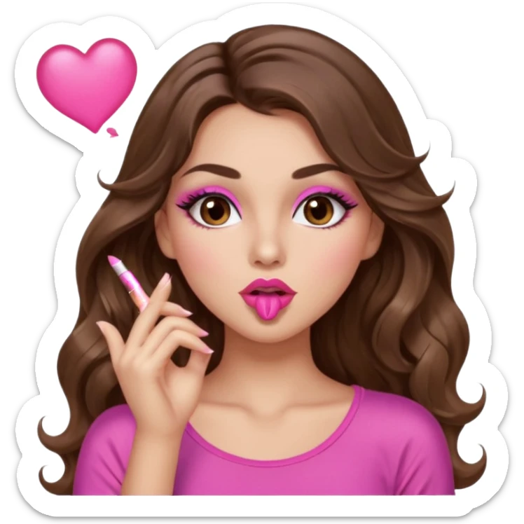 girl with long wavy brown hair, brown eyes, long lashes makeup, sexy pink lips, light to medium complexion, wearing a pink sexy top, blowing a kiss sticker