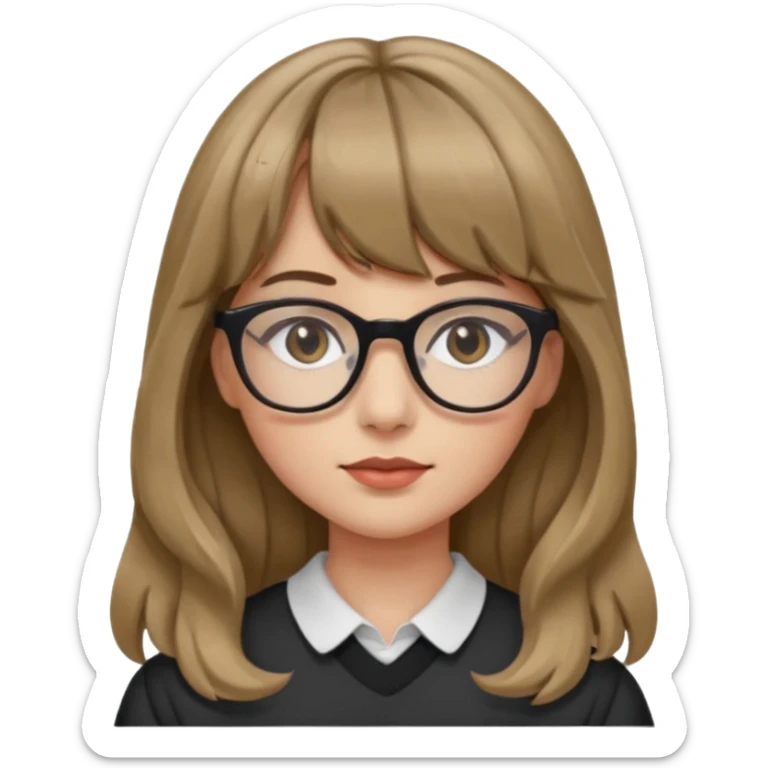 Uma garota de cabelo ondulado loiro escuro,mas com franja lisa e olhos pretos,usa óculos e a cor de pele branca,e o cabelo LONGO sticker