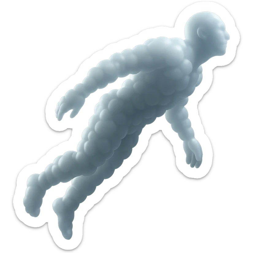 side view of unconscious person flying upwards by torso, legs and arms downwards, made of small very bright white fluffy convex clouds, matte glass style sticker