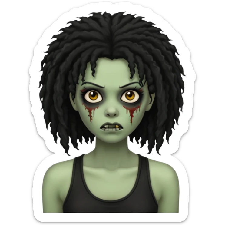 a female zombie with sage green skin, black long afro afro hair with edges, and a black tank top  sticker