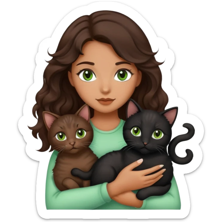 Beautiful girl with dark brown wavy hair and green eyes holding black and brown cats in arms sticker