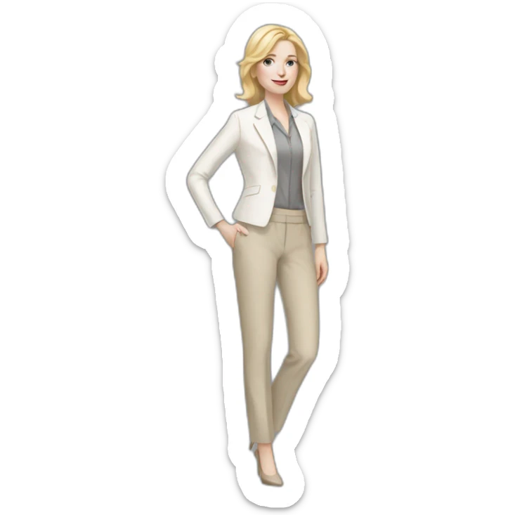 Full height pale skin woman with blonde Straightened Hair to shoulders, White classical jacket, beige Arrow pants and gray blouse holding a color palette in the hands sticker