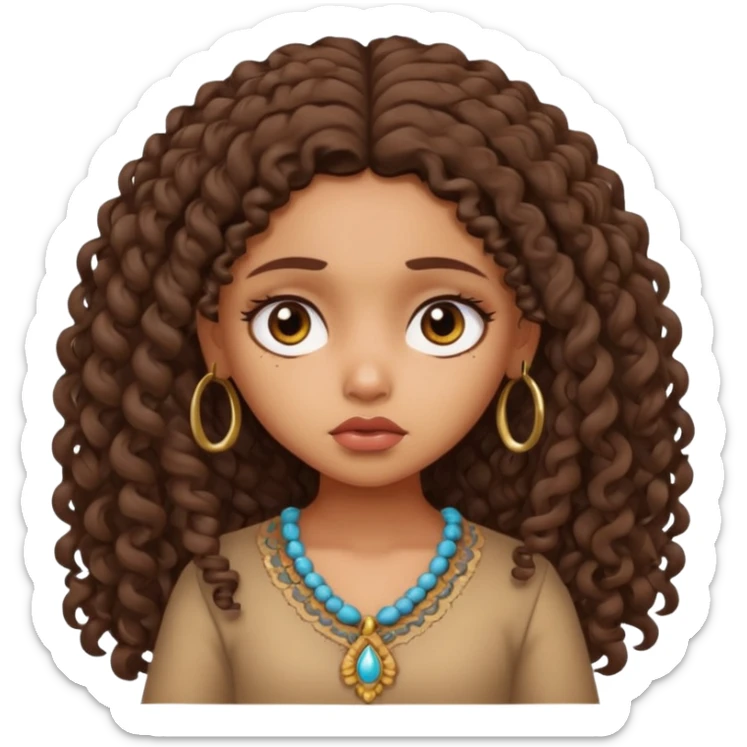 a tan pretty bratz indian girl with curly long brunette hair, looking sad sticker