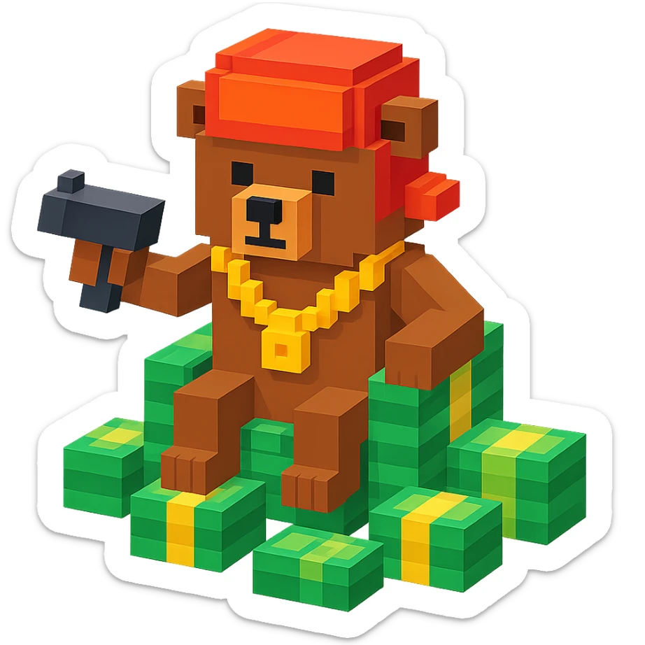 Russian grizzly bear with a rapper chain and a money gun, sitting on a throne of cash sticker