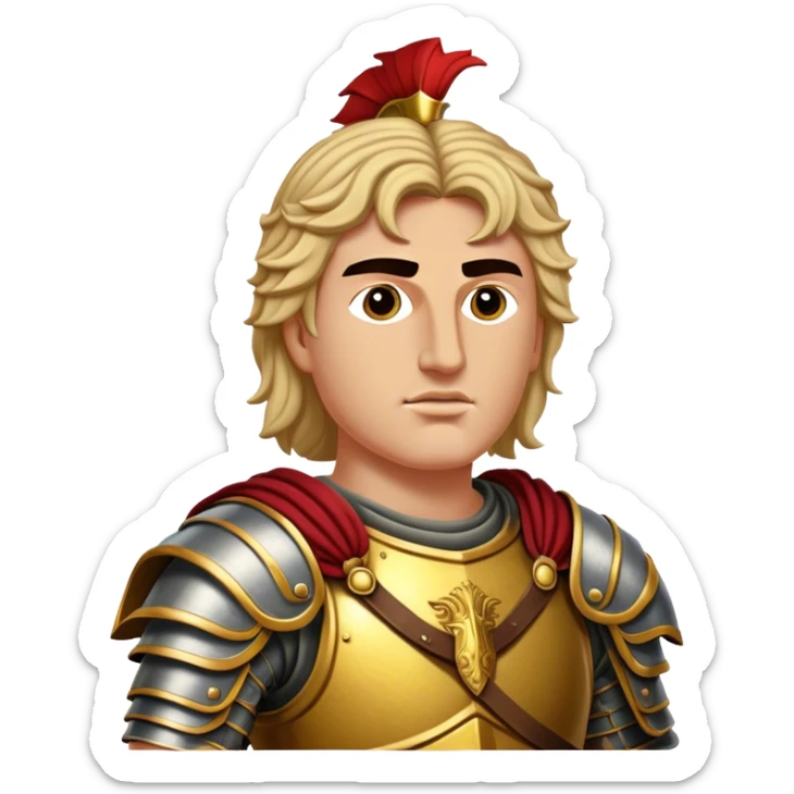 Cinematic Realistic Alexander the Great Portrait Emoji, depicted as a bold, charismatic ancient conqueror in regal armor with a commanding gaze, rendered with lifelike textures and dramatic heroic lighting that captures his legendary ambition. sticker