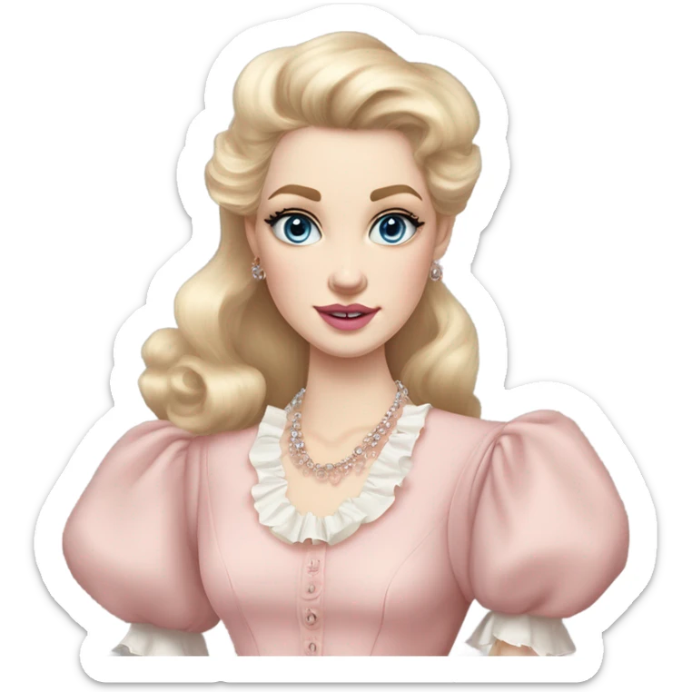 girl blonde hair pale skin blue eyes. Pink lips blush Smokey eye skinny nose siren eyes (but not too much). Vintage blowout with long hair not too curly.  light pink dress, puffed sleeves, dainty choker necklace (think Versailles but not too much).  sticker