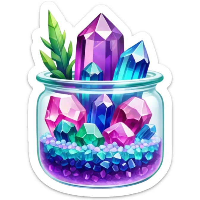 Close-up of vibrant, multicolored crystals growing in a glass container on a wooden table. Crystals in shades of purple, blue, green, pink, and clear are forming in various shapes and sizes. Soft light shines on them. Cozy indoor setting with plants and soft decor in the background. sticker