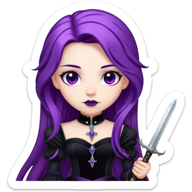 A gothic princess with long purple hair, in a black velvet dress, holding a silver dagger. sticker
