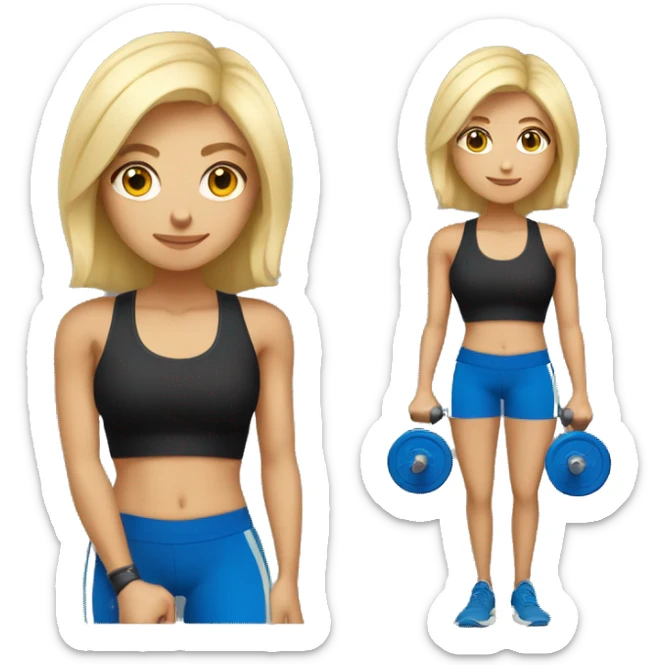 blonde woman working out with a black tank top and a blue shorts holding a dumbbell sticker