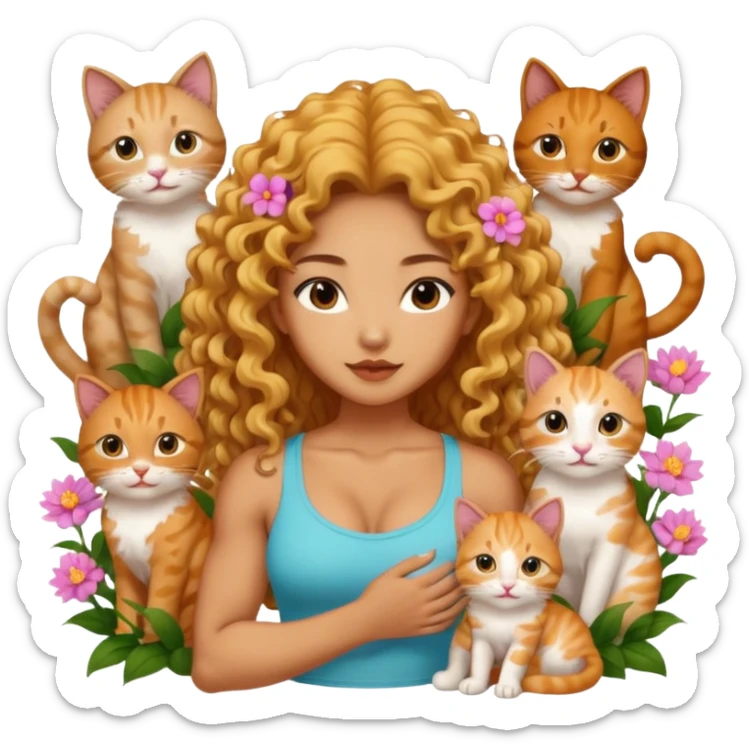 sexy and muscled tanned asian girl who loves cats, long golden curly hair, full body, many different cats nd kittens, surrounded by flowers and cats sticker