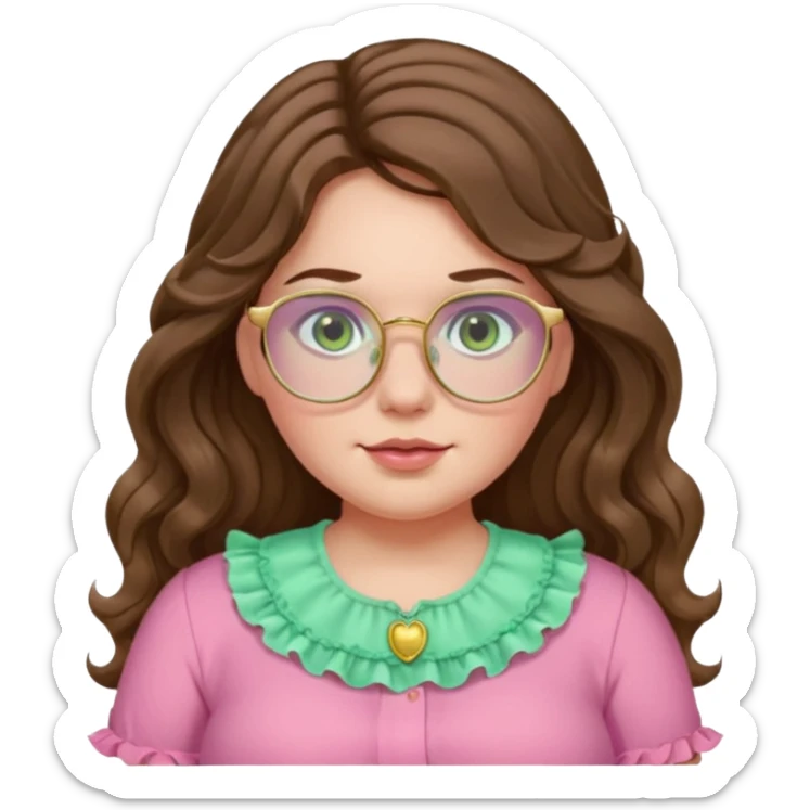 Girl girl long wavy brown hair with middle part, pale green eyes, plus size, pink frilly shirt, gold rimmed glasses sticker