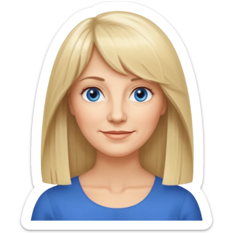 50 yr old white woman, curtain bangs, very long straight blond hair, oval face, small smile, blue eyes, thin face, hair down to elbows, round cheeks sticker