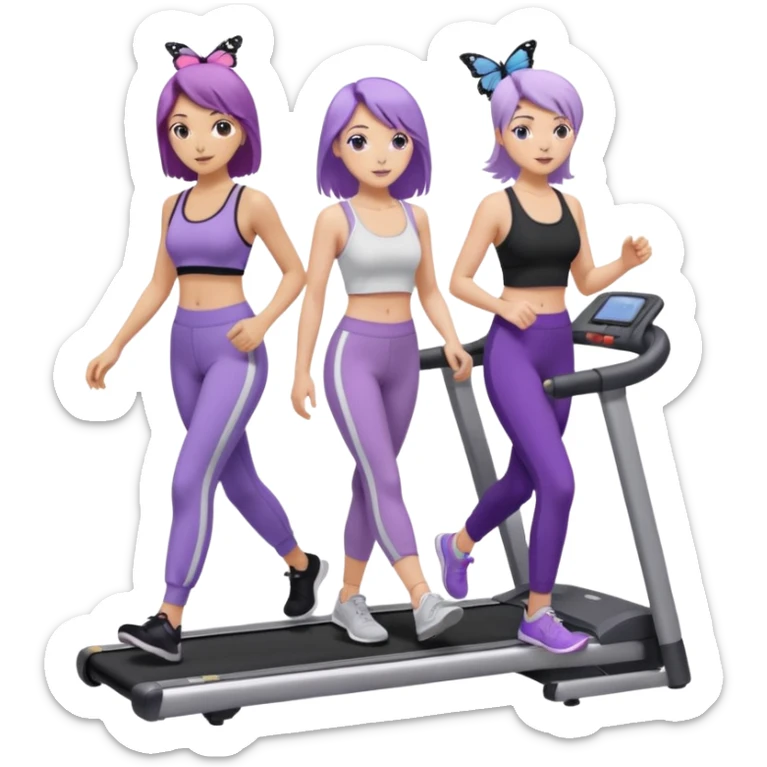 две белокожие девушки ходят по беговым дорожкам, одна брюнетка, вторая со светло-фиолетовыми волосами, брюнетка в белом топе на тонких лямках и в черных лосинах, вторая девушка в лиловом топе с бабочкой и в серых спортивных штанах sticker