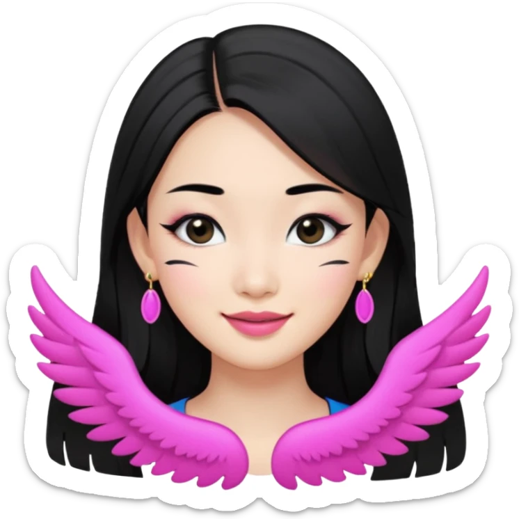 A Asian girl with fare skin and earrings, long straight black hair that is covering her checks with black eyes, smiling with a open wings eyeliner sticker