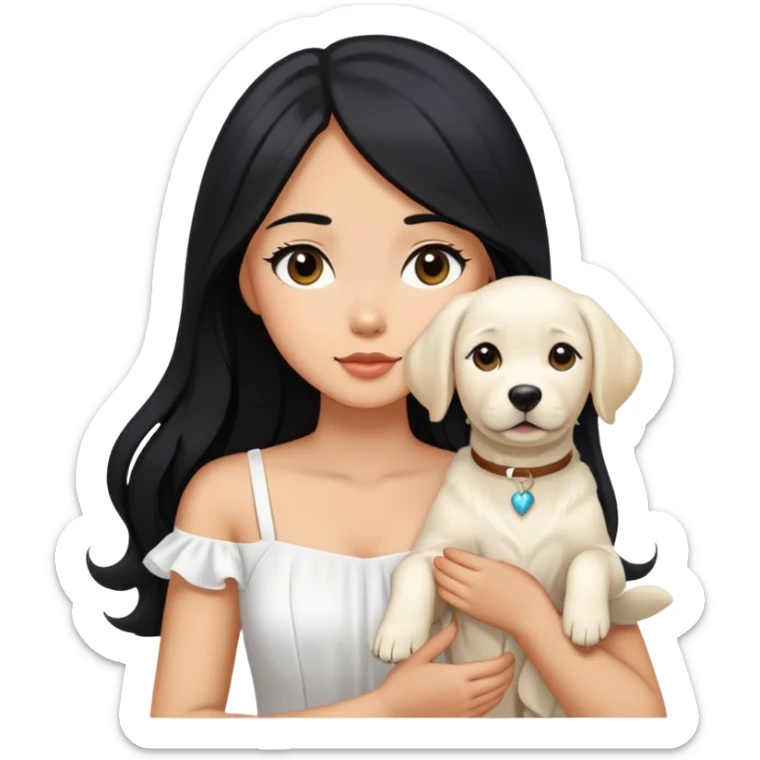 A beautiful girl with long black hair and a white dress is holding a white Labrador sticker