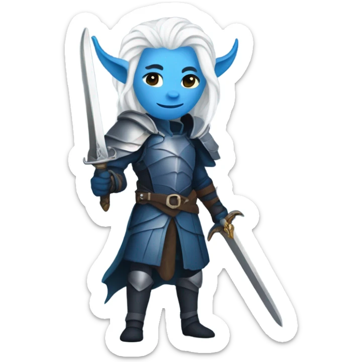 a blue tiefling with white long hair, full body, knight armour, holding a sword sticker