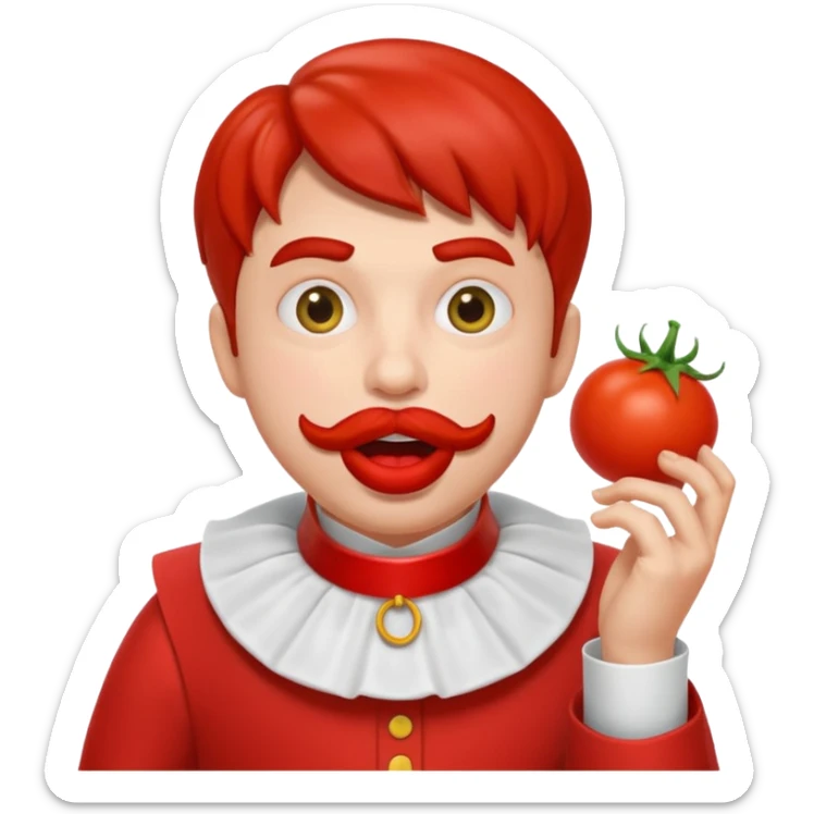 funny theater actor character who ate tomatoes, tomato sauce around mouth, dramatic expression, stage costume collar, 3D cartoon, mobile game icon style, clean background, no text, no watermark
 sticker
