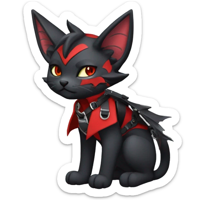 Anthro cool edgy elegant beautiful black punk red fantasy nargacuga-bat-cat-Fakemon collar harness warrior full body sticker