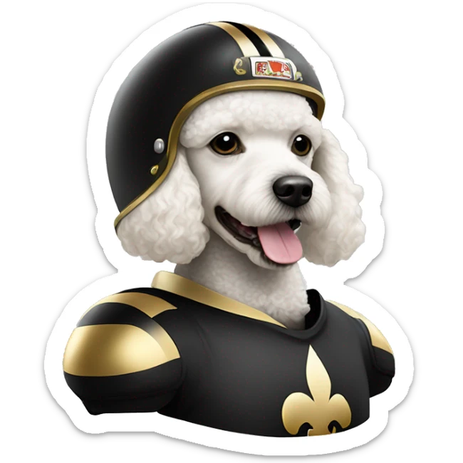 White poodle wearing a black football helmet with gold stripe and gold fleur de lis emblem sticker