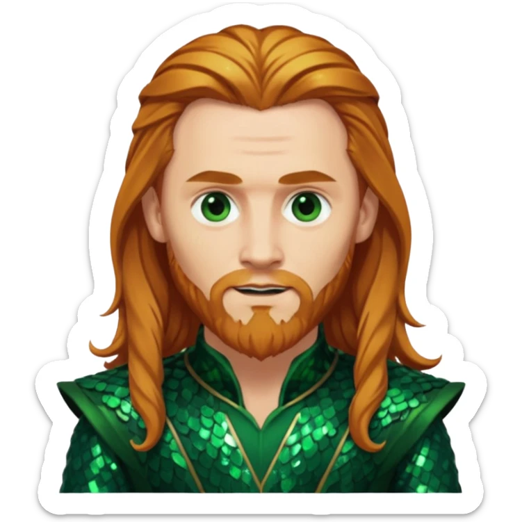 Loki, God of Mischief with long reddish blonde hair and beard, dark green sequin outfit sticker