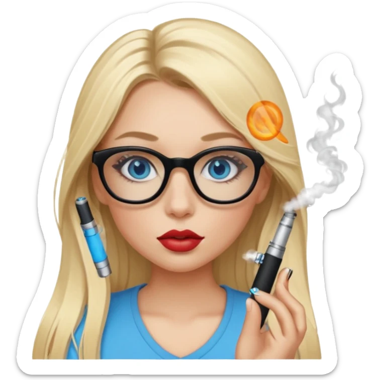 girl with blue eyes, blonde ling hair, black squared glasses, big lips, long eyelashes, and an electronic cigarette in her right hand sticker