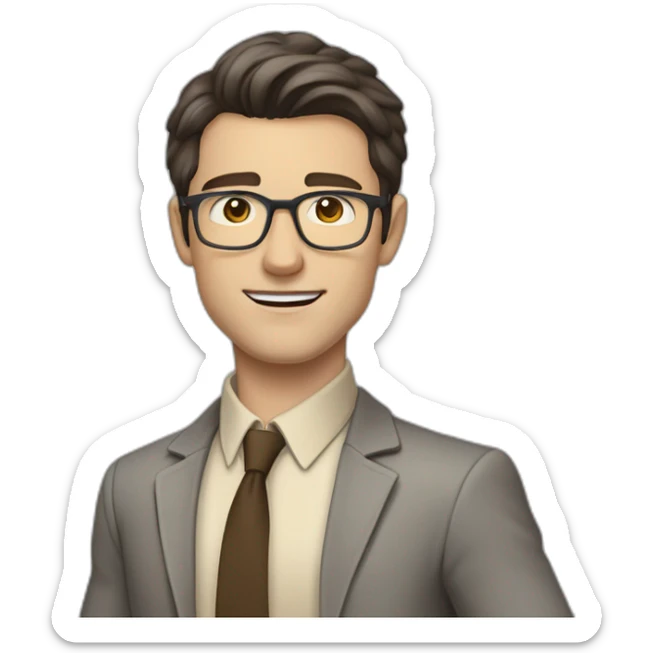 Full height Pale skinned fit man with dark brown hair in gray jacket, beige office shirt, brown tie, brown pants and vintage glasses. His right hand stretched out sticker