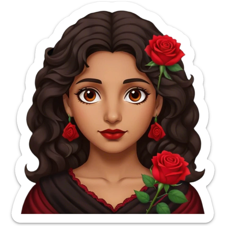 A Romani woman with dark wavy hair, a single red rose tucked behind one ear, and a confident gaze sticker