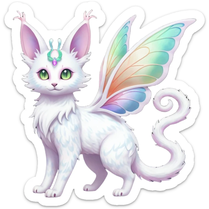 Pure-snow-White albino iridescent with pastel rainbow-gradients-color-markings with swirly patterns butterflies  faerie-Noivern-Noibat-Purloin-Torracat-Lykoi-Caracal-cat-Fakemon-fusion-hybrid-creature sticker