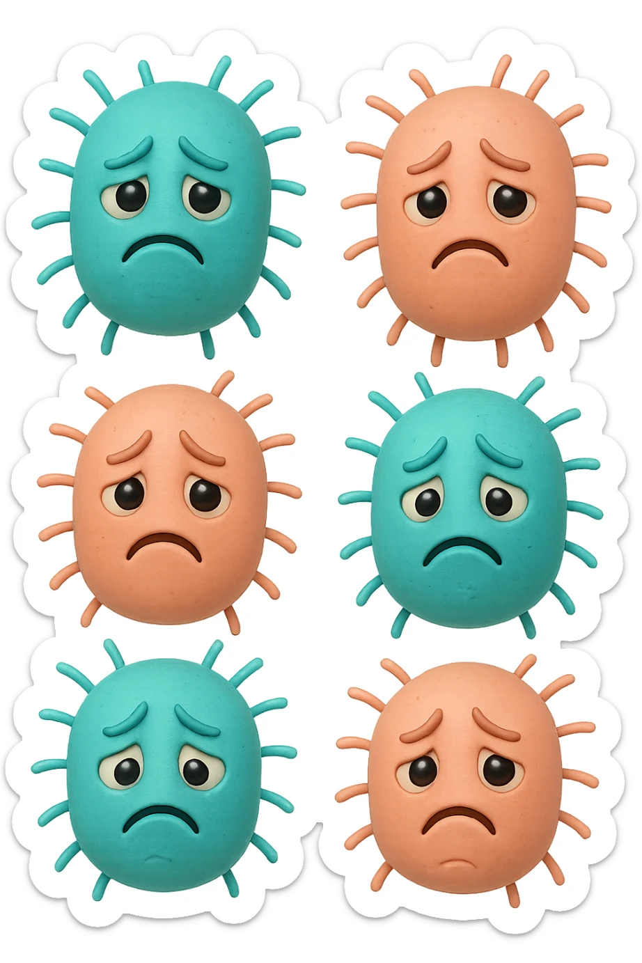 EMOJI STILE IPHONE DI 3 BATTERI INTESTINALI turchesi tristi e 3 batteri intestinali rosa salmone tristi CHE FLUTTUANO IN ARIA IPERREALISTICO 4K sticker