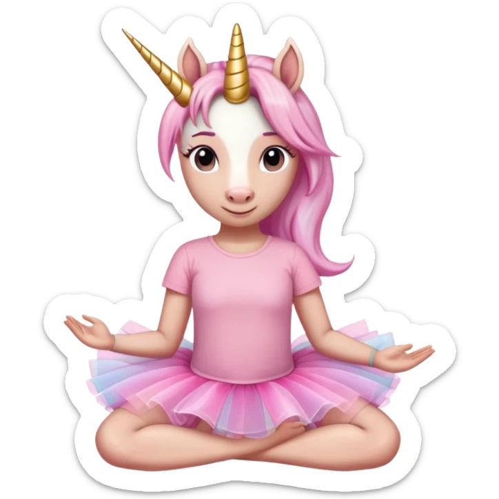 head and shoulders portrait of an anthropomorphised female unicorn in tutu and pink t-shirt, relaxed pose sticker
