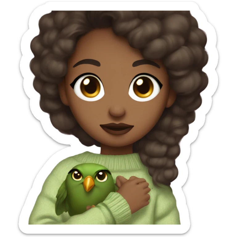 Dark brown haired girl, brown eyes, brown skin, long lashes, big rosé lips, matcha green sweater, holding a bird in arms sticker