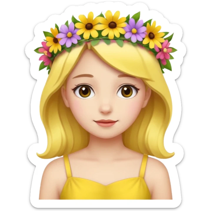 girl with flower crown in yellow dress and colored flowers sticker