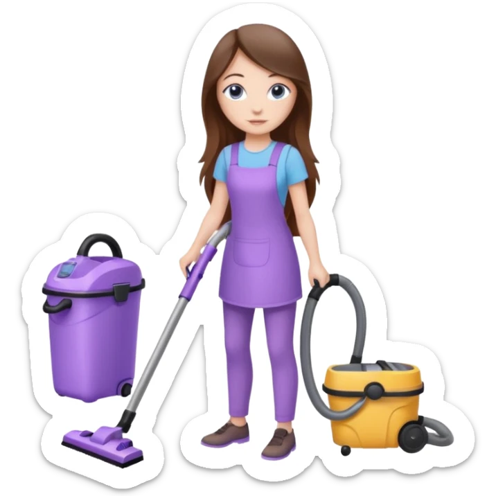 beautiful girl with long brown hair, blue eyes and wearing light purple clothes, cleaning and vacuuming sticker