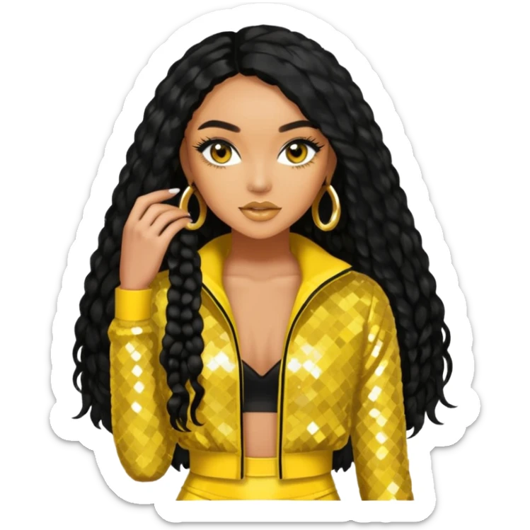 Leigh-Anne Pinnock from Little Mix with long black hair, yellow sequin outfit sticker