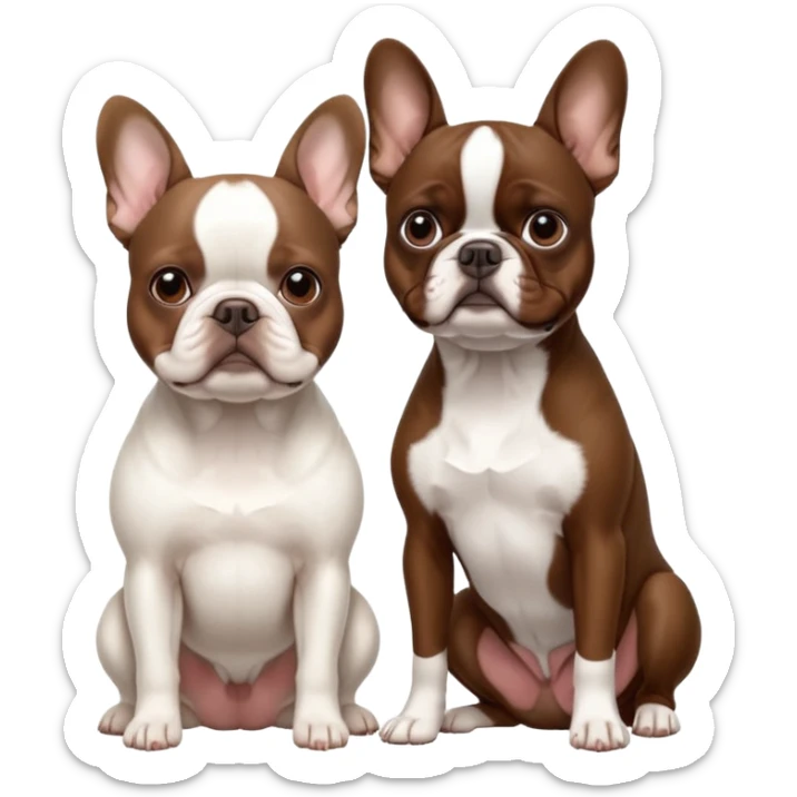 All pure white French bulldog sitting next to skinny brown Boston terrier sticker