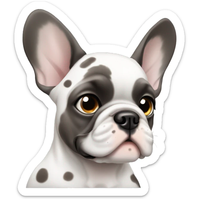 A puppy French bulldog with light grey fur and dark spots with one blue eye and one brown sticker