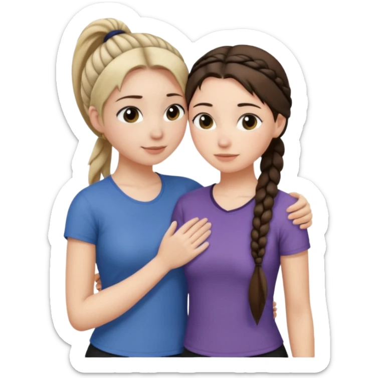 Comforting Hug two white skin women, one shorter woman with medium brown simple top ponytail, not braided, and one taller woman with a single long black side braid sticker