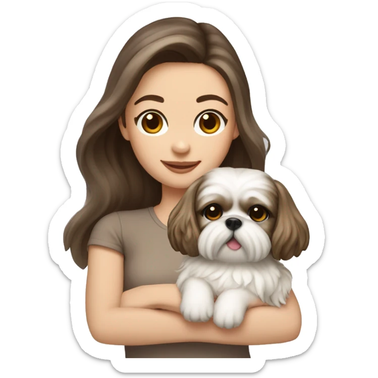 Young brunette hair woman with a cream shih tzu in her arms long wavy hair sticker