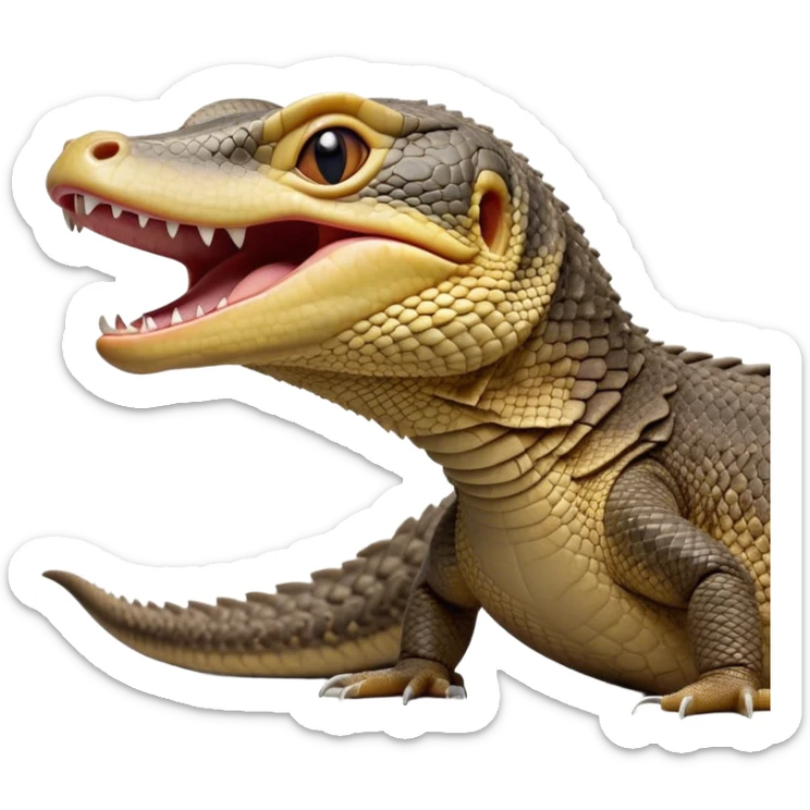 Cinematic Realistic Cute Yawning Monitor Lizard Portrait Emoji, Head tilted slightly with a dramatic, wide-open yawn, showcasing a soft, textured scaled hide with subtly drooping features and half-closed, drowsy eyes, rendered with meticulous natural detail and warm shadows, high shine, relaxed yet expressive, styled with a dash of desert charm, soft glowing outline, capturing the essence of a sleepy yet affectionate monitor lizard that appears ready to stretch out for a restful nap! sticker