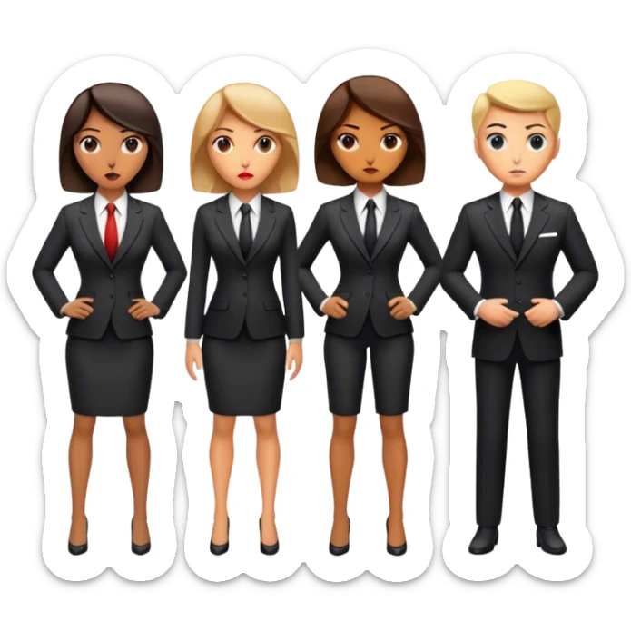 "A group of secret intelligence agents in formal suits, with one of them being a woman. They appear serious, professional, and mysterious, working together as a team." sticker