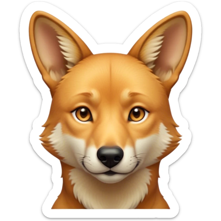 Cinematic Noble Dingo Portrait Emoji, Poised and regal, with a lean, agile build and a short, sandy-tawny fur that speaks of the wild outback, deep-set soulful amber eyes and alert ears, Simplified yet sharp and sophisticated features, highly detailed, glowing with a soft, dignified glow, high shine, intelligent and resourceful, stylized with an air of untamed elegance, focused and attentive, soft glowing outline, capturing the essence of a watchful and confident wild canine, so majestic it feels as though it could trot out of the screen with effortless authority! sticker