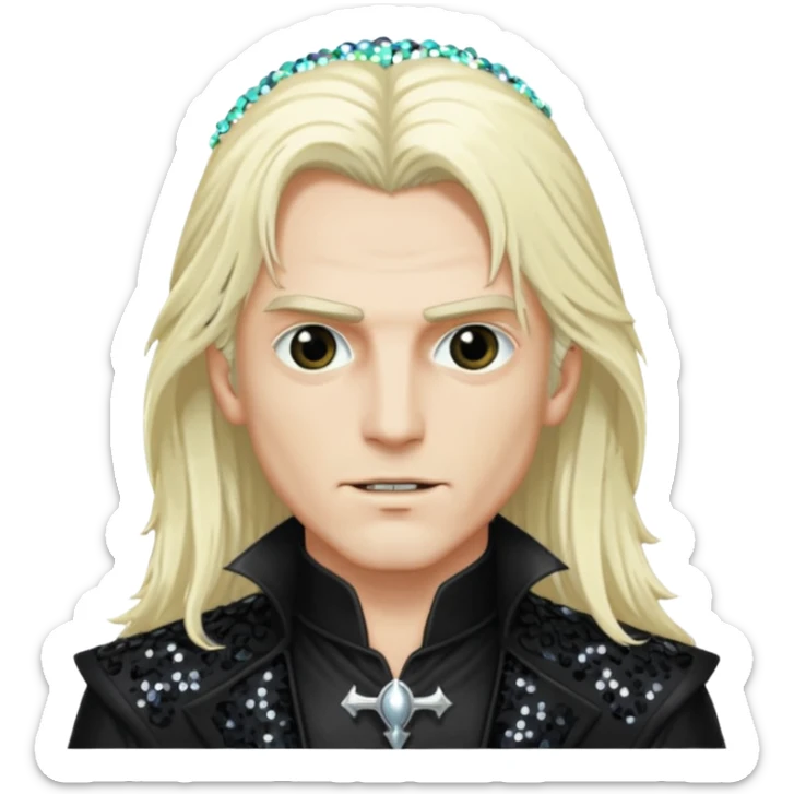 Alucard, Son of Dracula with long platinum blonde hair, black sequin outfit  sticker