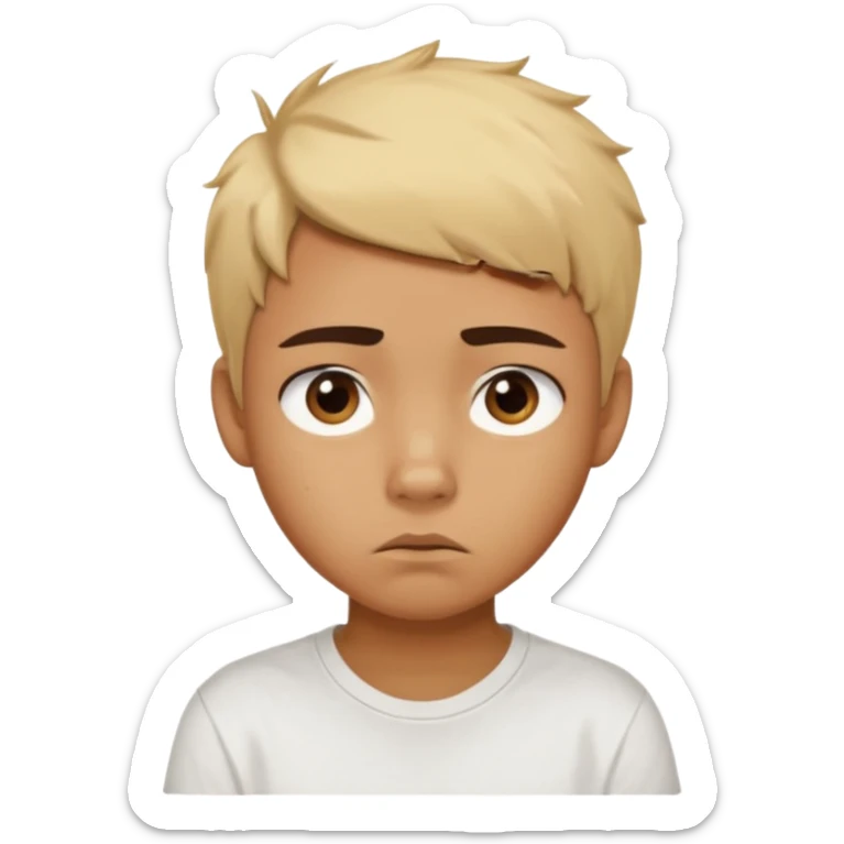 caramel skin color. Teen age. Short buzz, messy blonde hair, dark brown bushy eyebrows large expressive golden-brown eyes, brown skin color, scar over nose, wearing a plain white t-shirt. Disappointed thinking facial expression. caramel skin color sticker