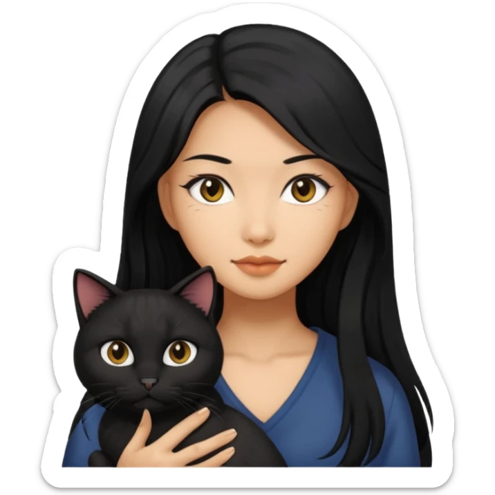 pretty bratz asian baddie asian, black long hair with her black cat sticker