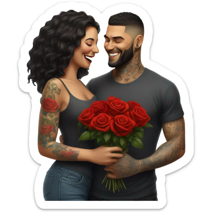 Hyper Realistic beautiful woman smells bouquet of bright red roses laughing with handsome tattooed man  sticker