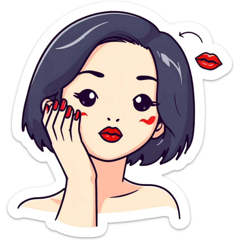 Cute girl with black hair and red lipstick kiss marks on her face sticker