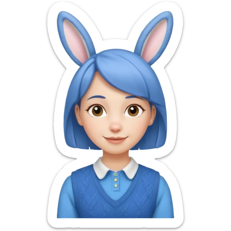 make a girl hair short and wear bunny skin pale ok and wear Sweater vests blue and make little bit a younger sticker