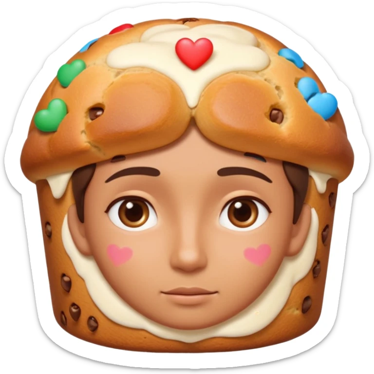 Apple-style emoji illustration of a person with dreamy eyes thinking of a traditional panettone, small hearts floating around, soft 3D emoji style, smooth gradients, rounded shapes, warm festive colors, simple expression, centered composition, transparent background, no text. sticker