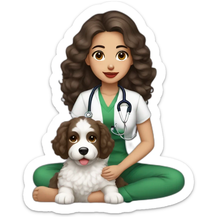 young moroccan woman with dark brown eyes, dark long curling hair, red lips, a green top, a stethoscope and a white cotton of tulear dog on her lap sticker